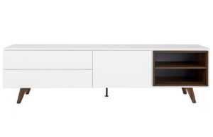Bílý lakovaný TV stolek Tenzo Plain II. 210 x 45 cm s dřevěnou podnoží